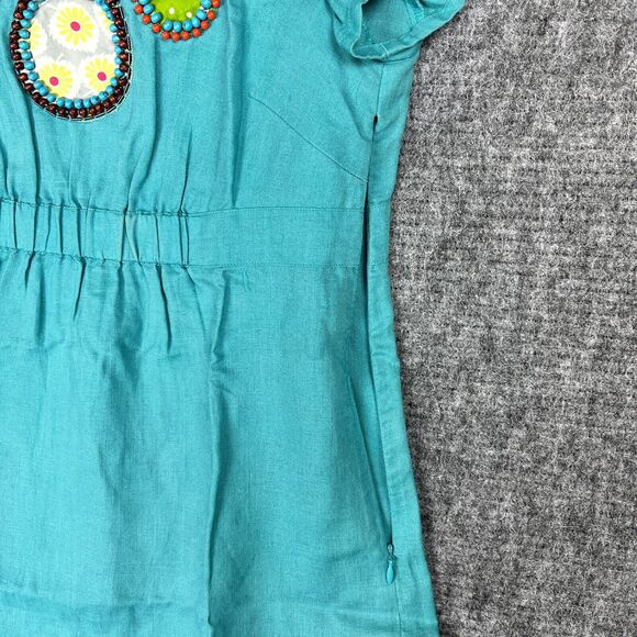 Boden Top Womens 6‎ Blue Linen Tunic Boho Embellished Elastic Waist Beaded - Picture 5 of 12